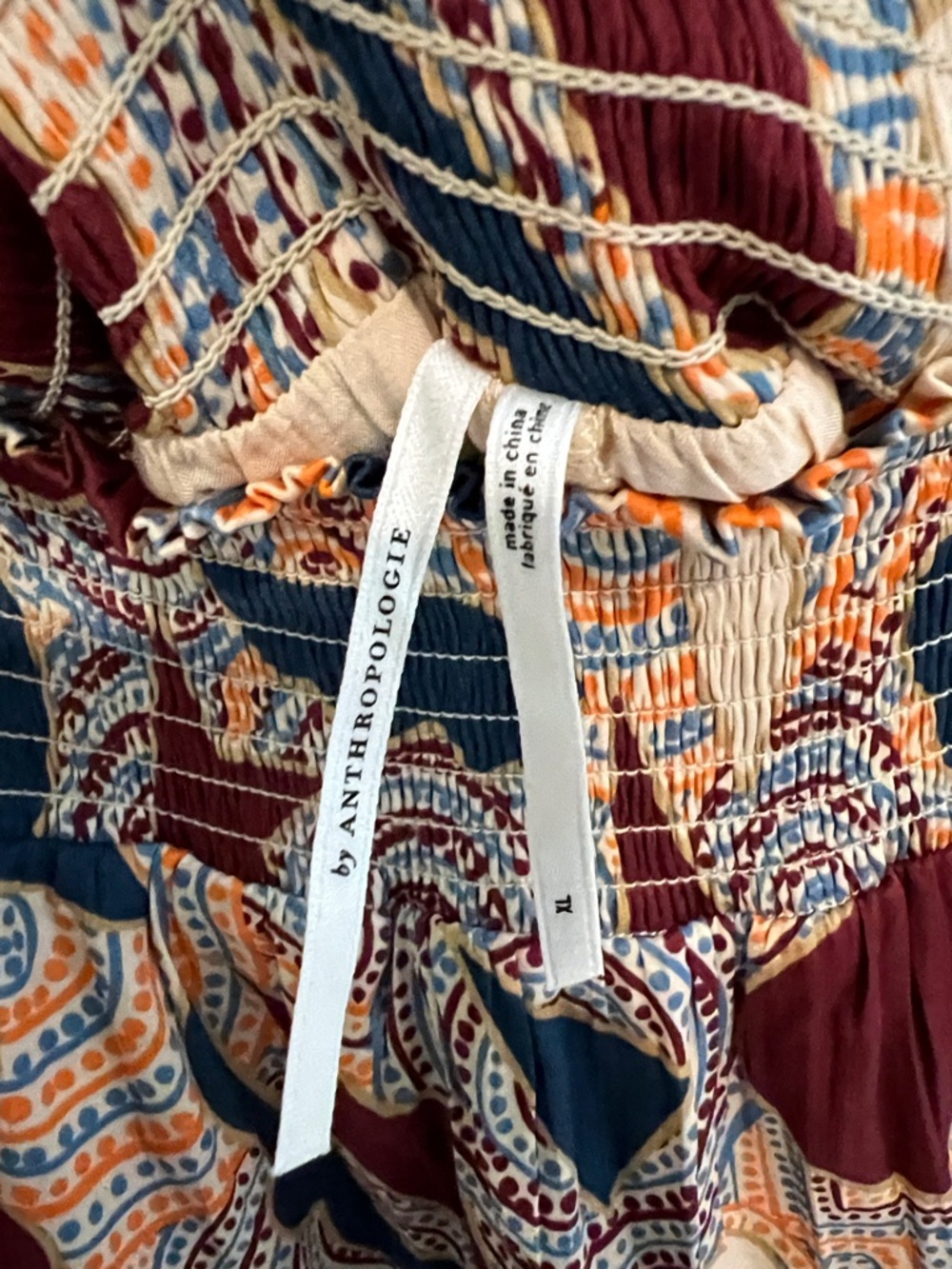 Anthropologie tiered ruched short skirt. Size XL. Peach, blue, maroon print. - Picture 3 of 4